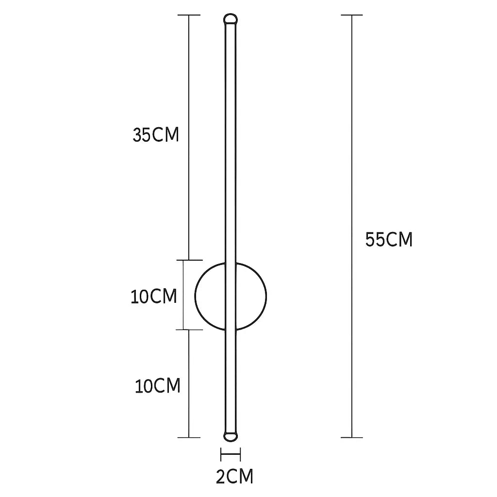 Matte black aluminum bar, 55x2cm, vertical with central circle and centered integrated LED.