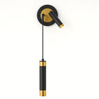 Modern black and gold cylindrical aluminum acrylic sconce with adjustable arm and circular backplate.