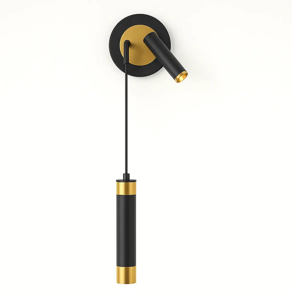 Modern black and gold cylindrical aluminum acrylic sconce with adjustable arm and circular backplate.
