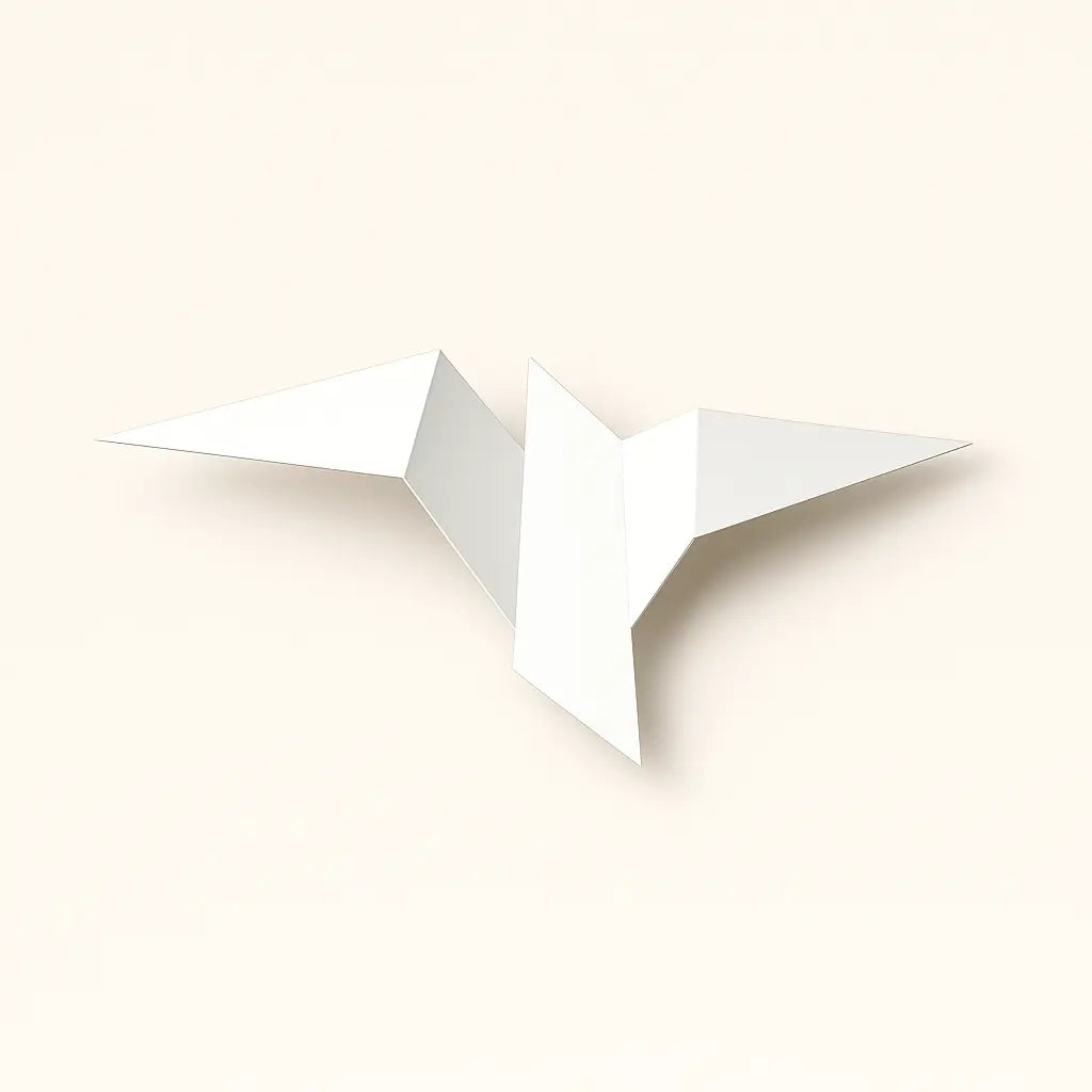 Minimalist origami-style LED wall light with outstretched wings, softly illuminated, metallic-acrylic finish.