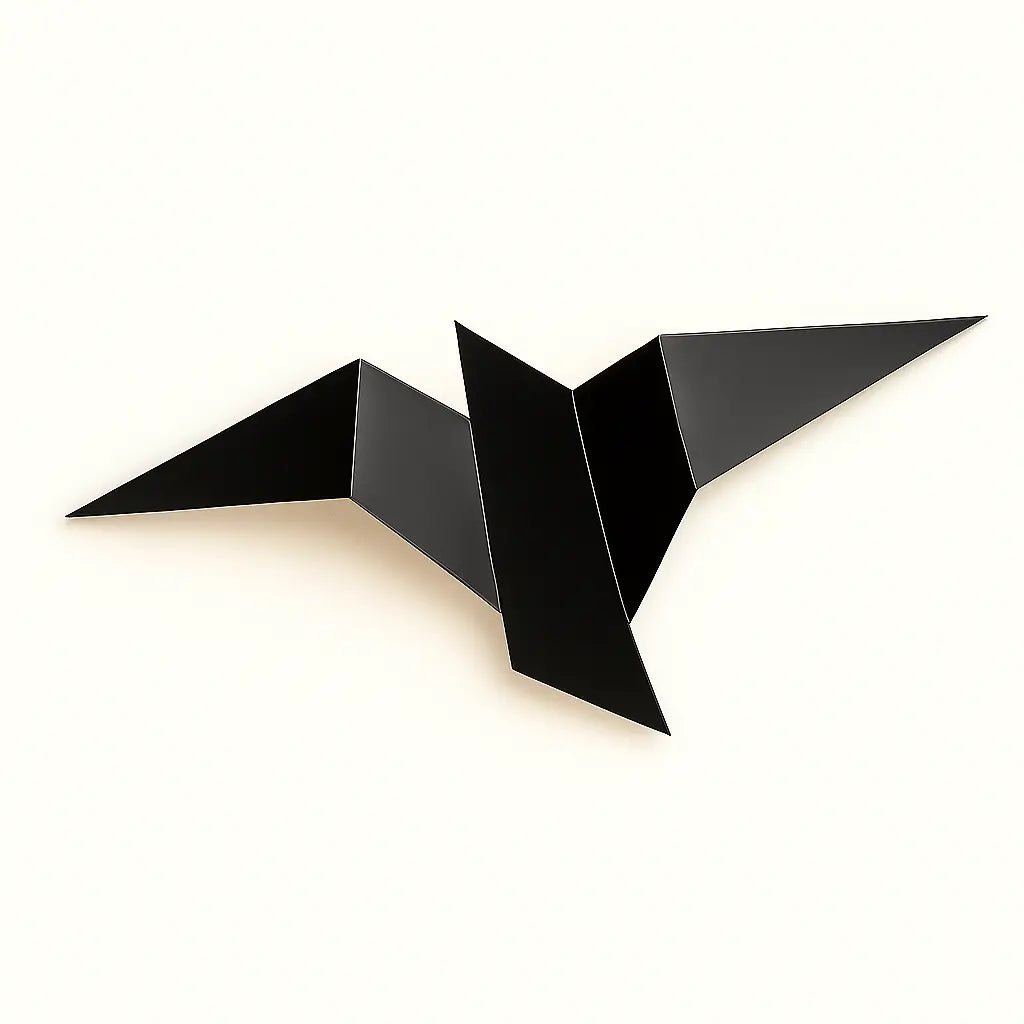Minimalist black metal wall light with crane-inspired geometric lines and sculptural acrylic accents.