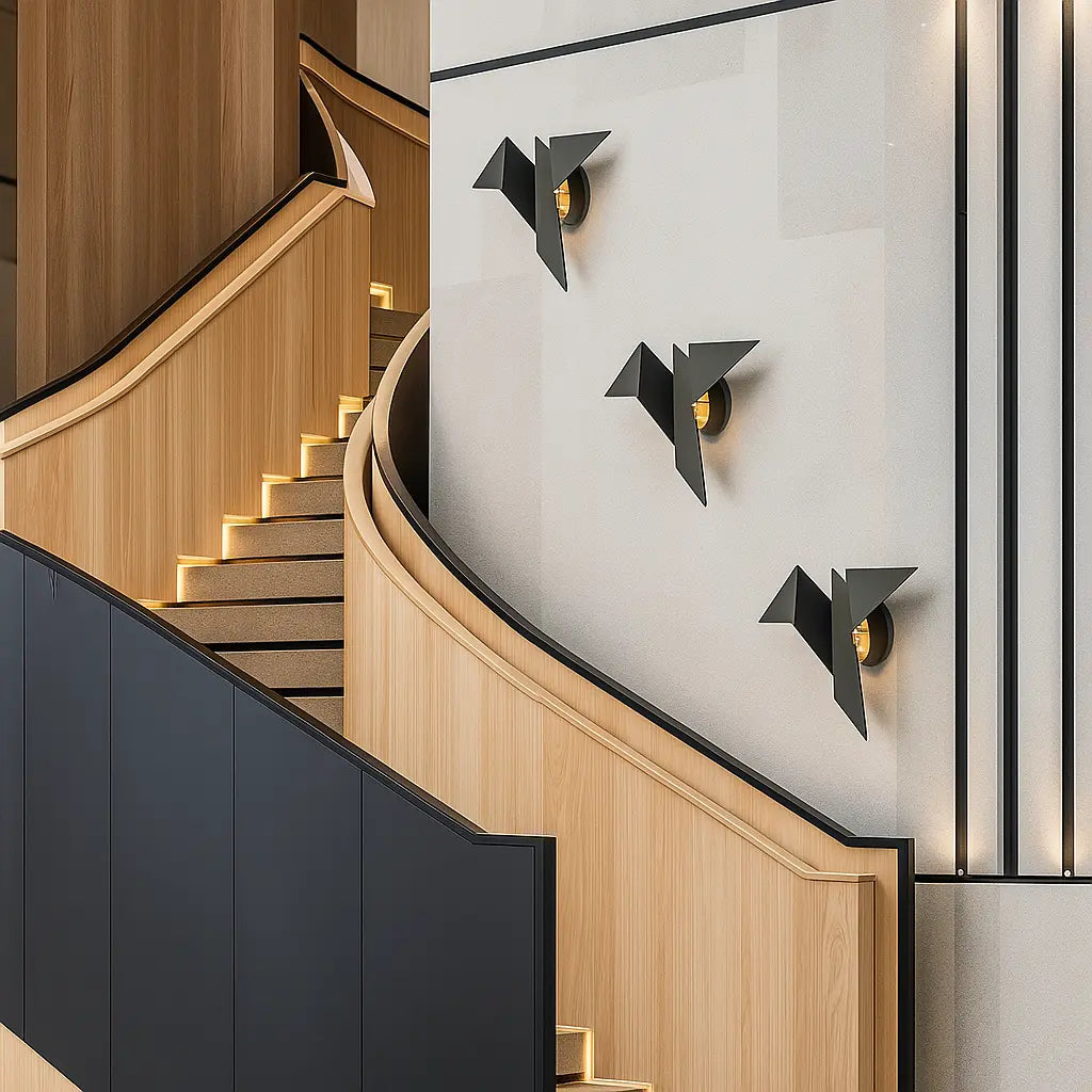 Three geometric bird-shaped Origami LED wall lights with acrylic diffusers, sleek and sculptural.