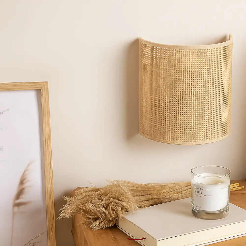 The natural rattan wood wall light casts a soft, warm glow for cozy ambiance.