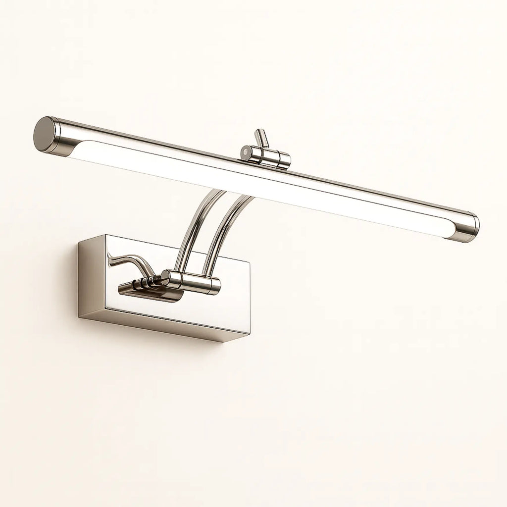Elegant wall sconce with chrome finish, rectangular base, slim bar, and curved arm with LED.