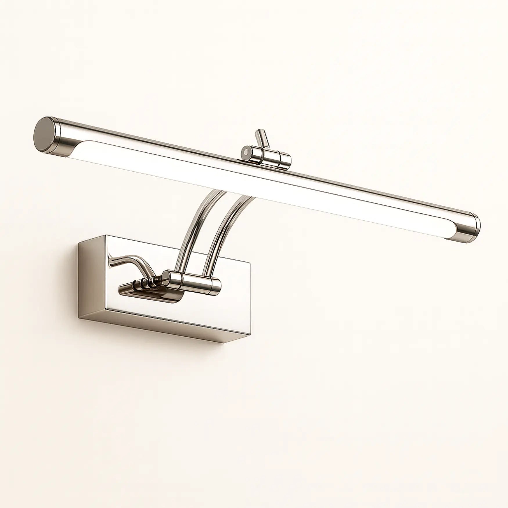 Elegant wall sconce with chrome finish, rectangular base, slim bar, and curved arm with LED.