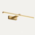 Gold-finished LED bathroom wall light with rectangular base and slim horizontal LED bar.