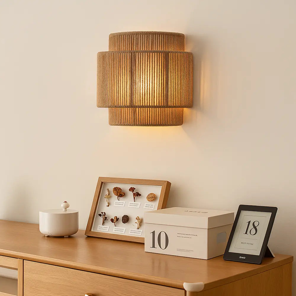 Warm light glows from a chic woven rattan Japanese-style modern wall sconce.