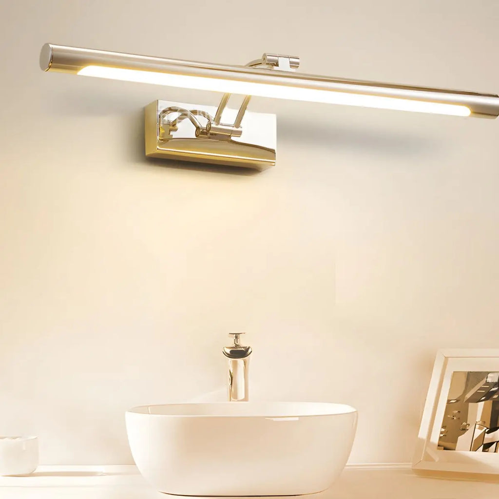 Sleek aluminum LED bathroom wall light with a modern design, illuminated and mounted on the wall.