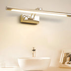 Sleek aluminum LED bathroom wall light with a modern design, illuminated and mounted on the wall.