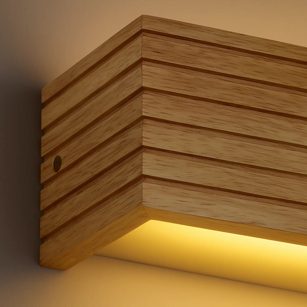 Warm yellow LED light glows gently beneath the wood, emphasizing its sleek linear design.