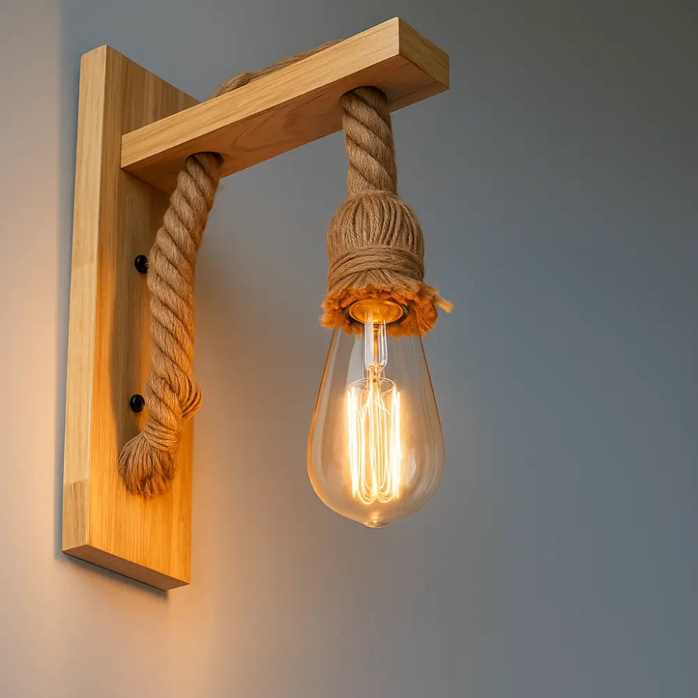Vintage charm radiates from its exposed Edison bulb and natural rope-wrapped wooden bracket.