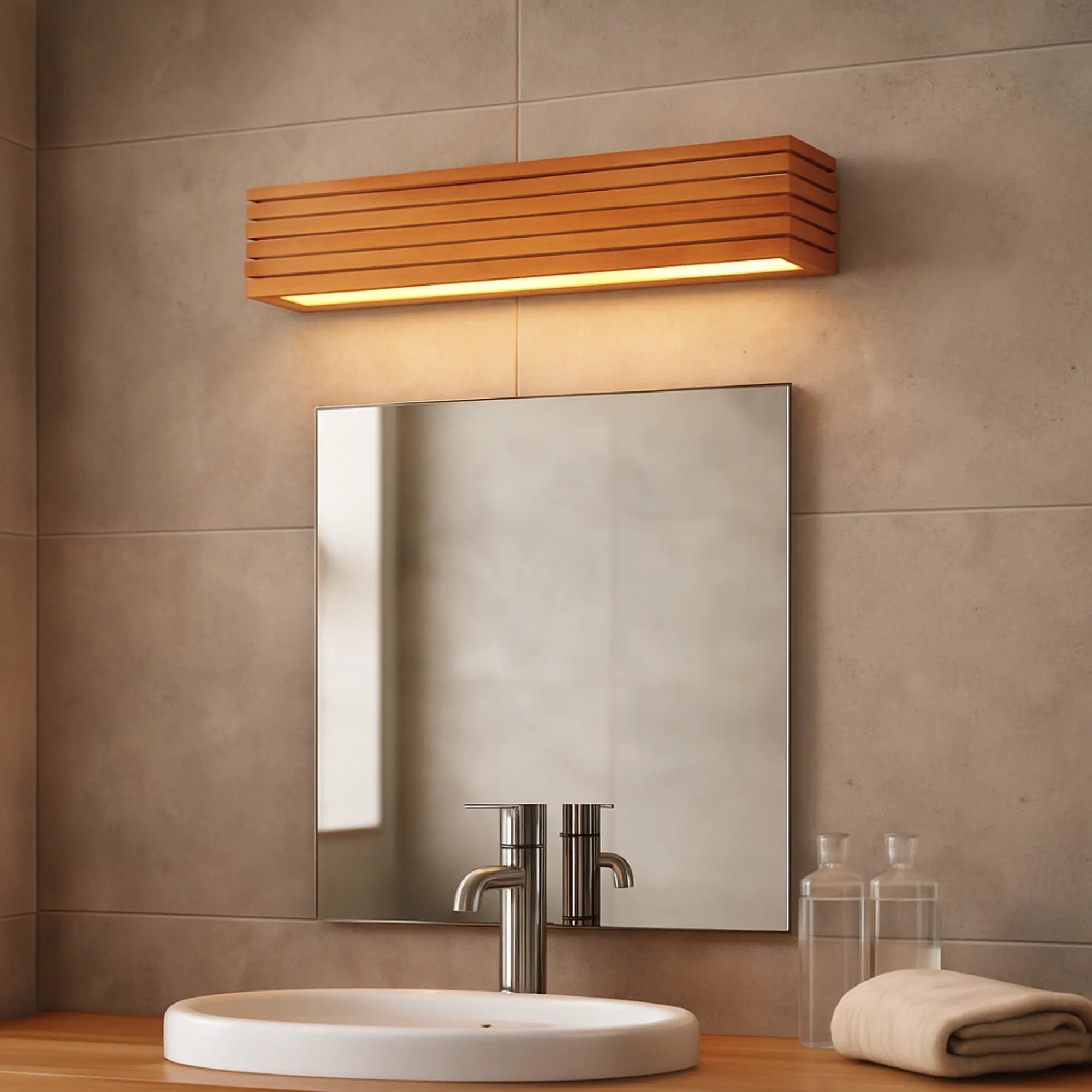 Applique murale LED bois massif design nordique, éclairage double pour salle de bain.