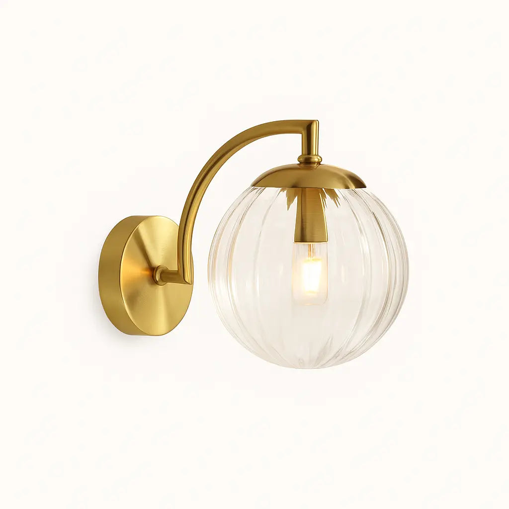 Warm, focused light radiates through the ribbed globe, casting soft illumination throughout.
