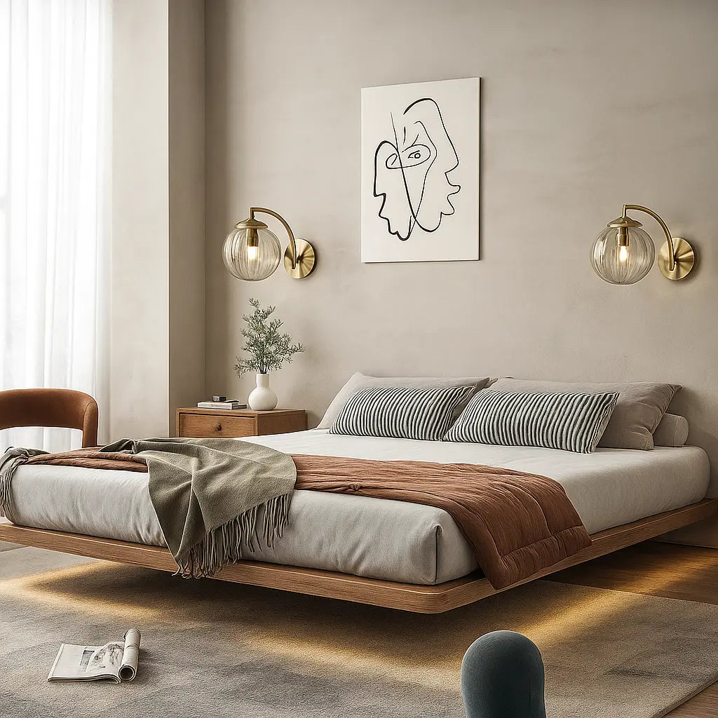 ORLUNE HOME Retro Chic Brass Wall Light with Glass Globe casts a warm, soft glow.