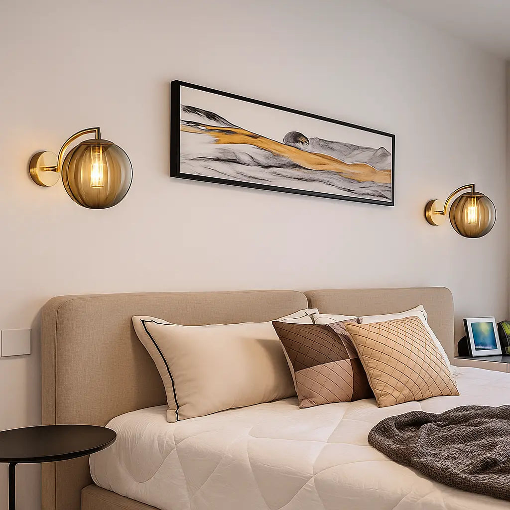 Elegant Retro Chic Brass Wall Lights with glass globes create a warm, modern ambiance.