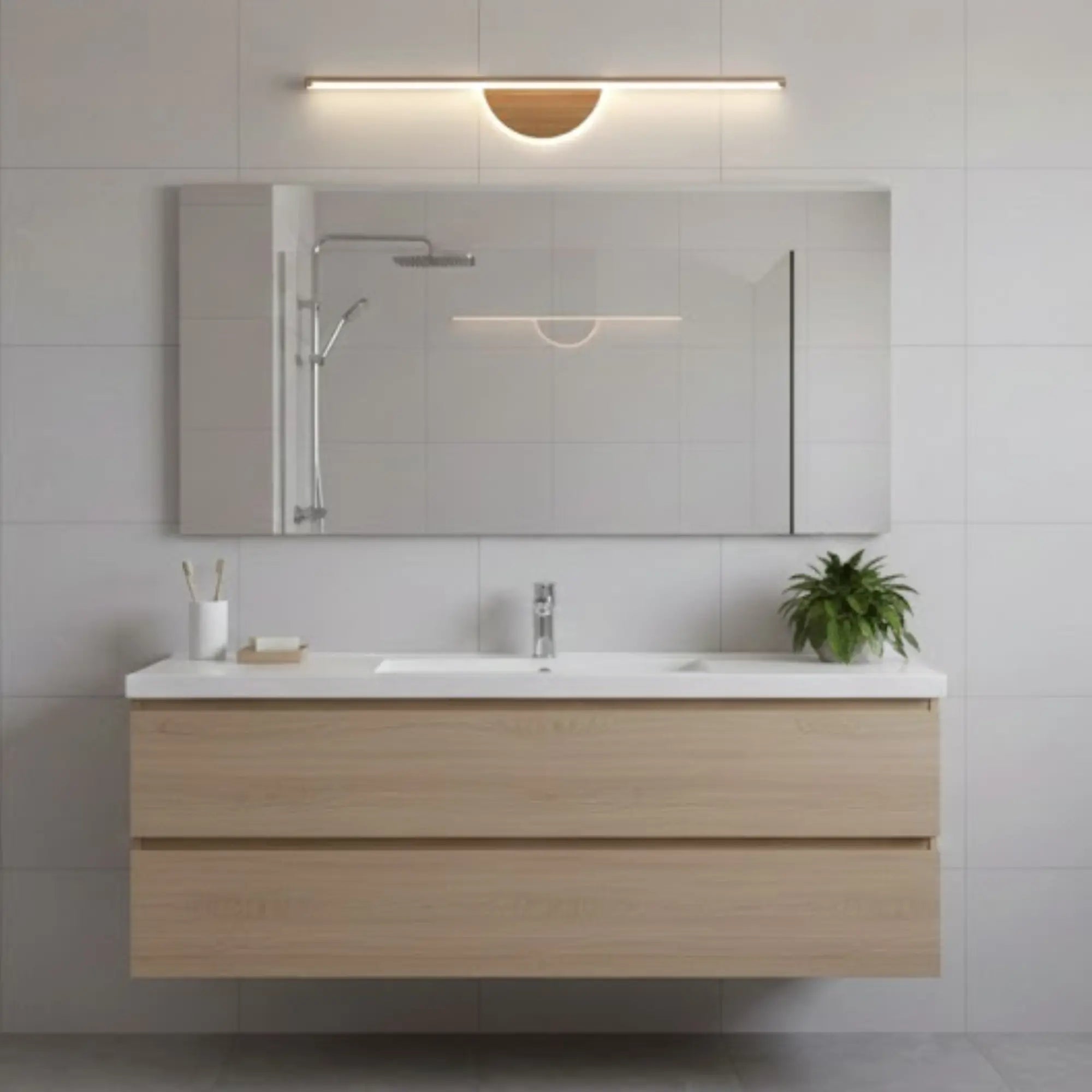 Luminaire mural LED moderne en bois, design épuré pour miroir de salle de bain minimaliste.