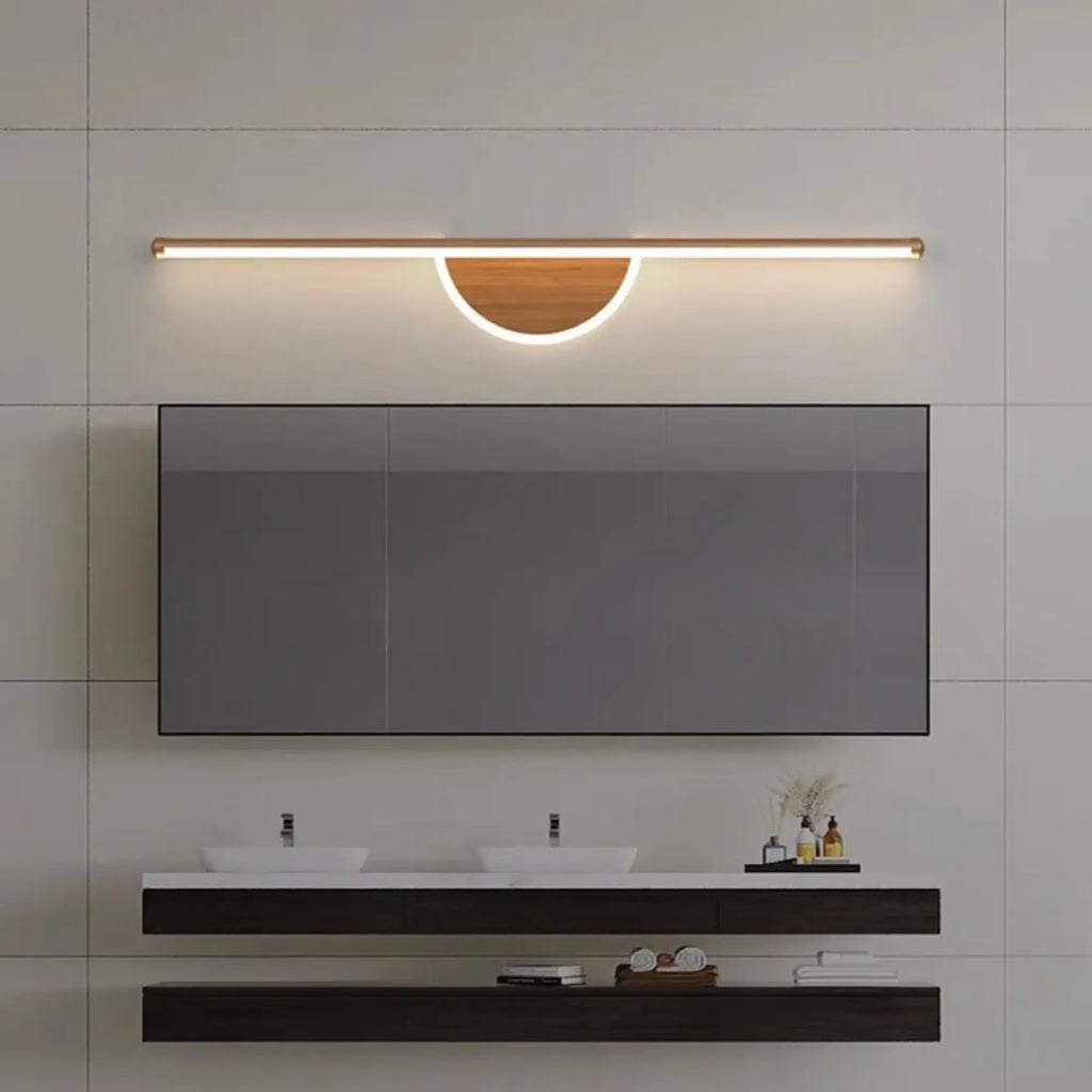 Minimalist wall light features warm integrated LED and semi-circular wooden accent—modern illumination.