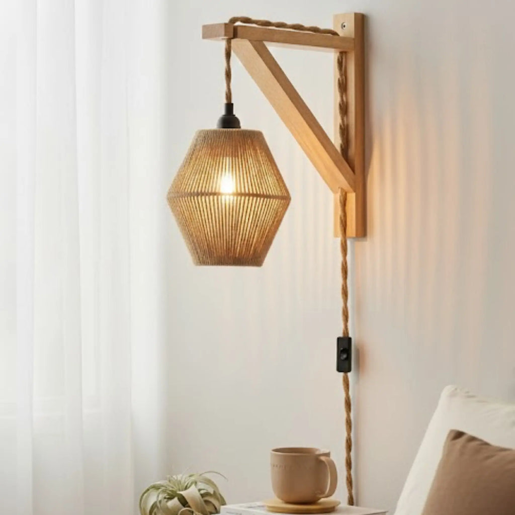 The ORLUNE HOME Retro Wooden Wall Light casts a warm, inviting glow in soft daylight.