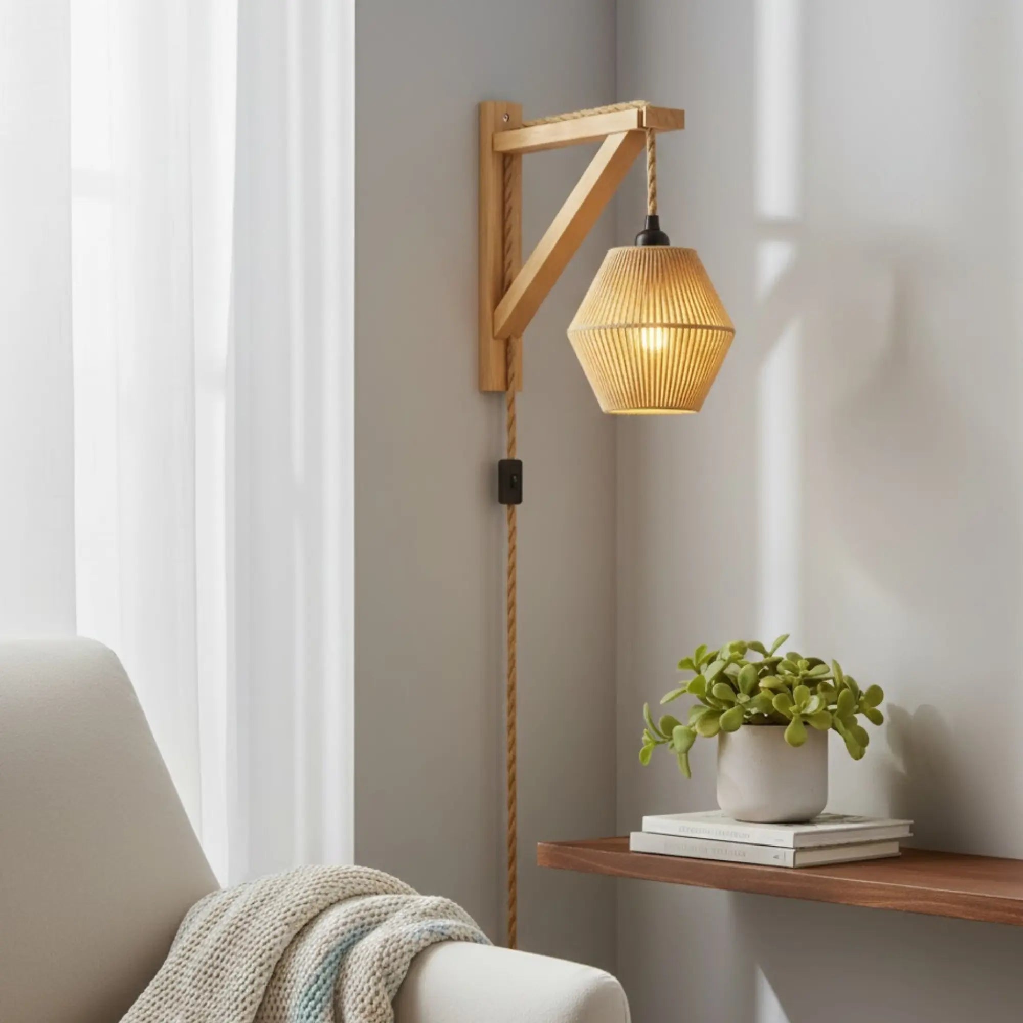 Soft natural light highlights the ORLUNE HOME Retro Wooden Wall Light’s warm, braided shade glow.