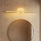 Applique murale LED linéaire noir doré à cercle central, lumière chaude diffuse élégante.