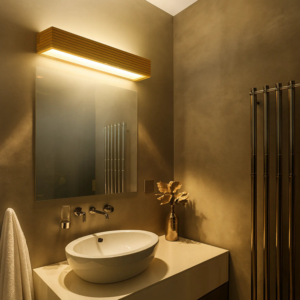 The ORLUNE HOME rectangular solid wood LED wall light creates soft, bright illumination.