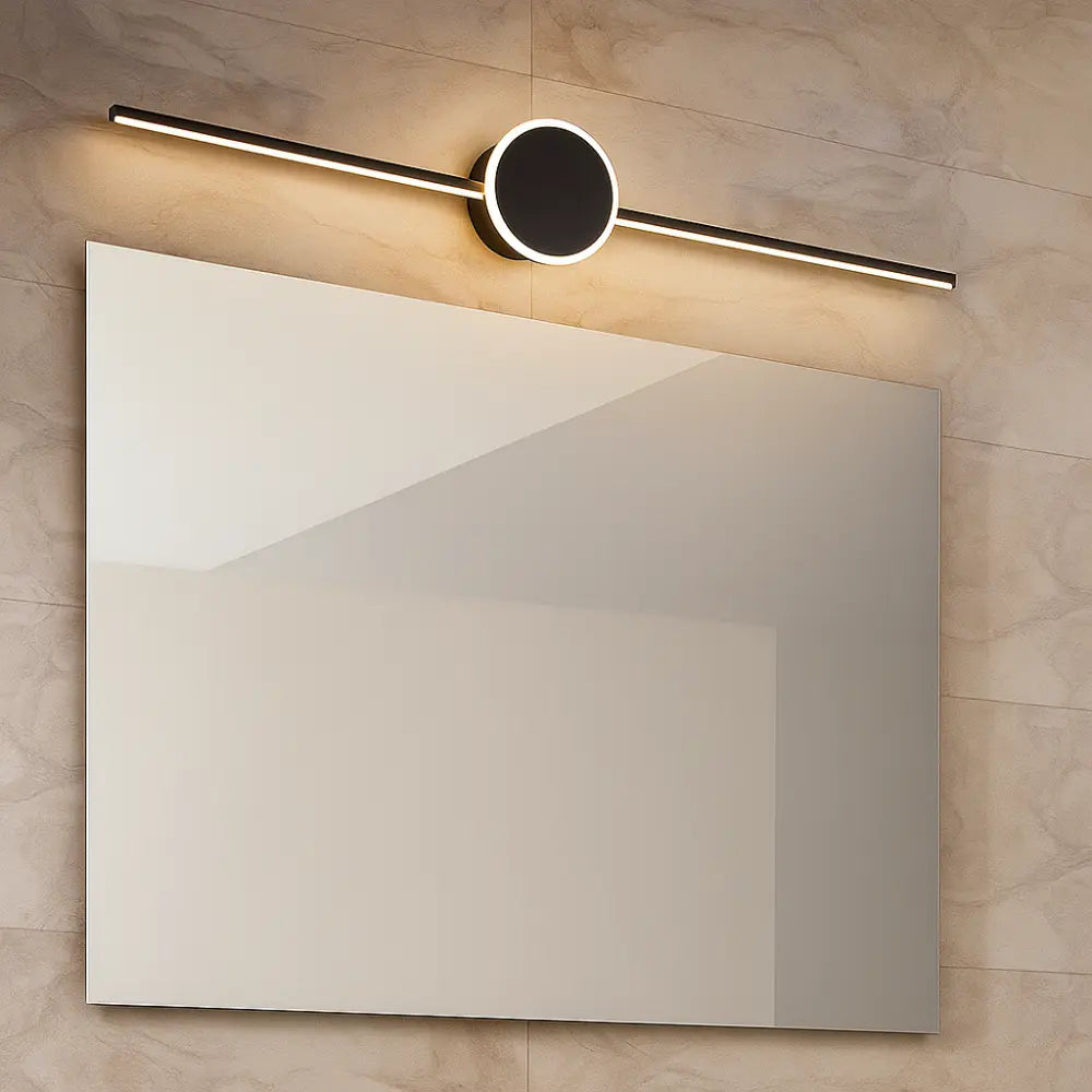 Applique murale LED linéaire, métal et acrylique, cercle central noir doré design.