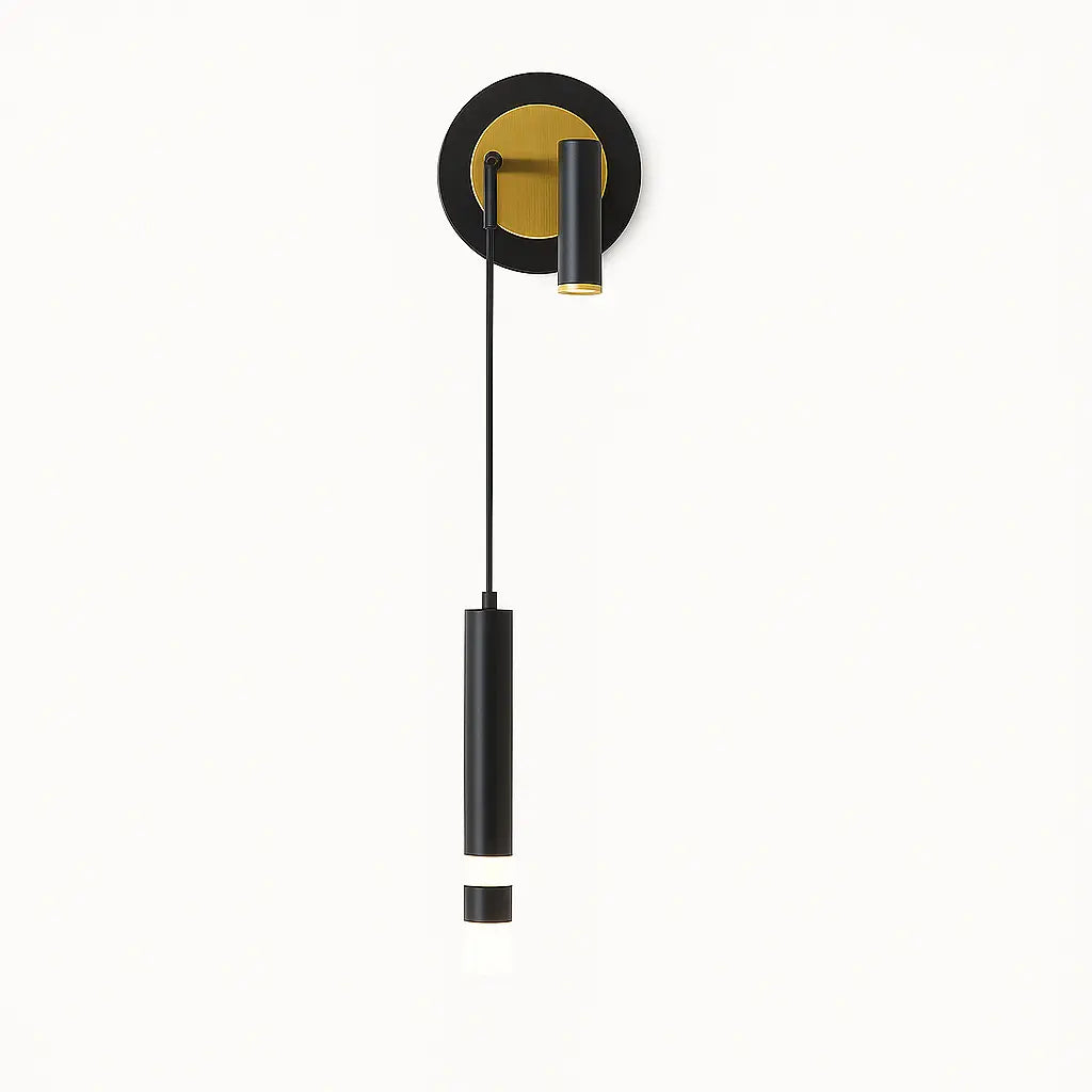 Two slim black cylinders on thin cords hang from a round black and gold base.