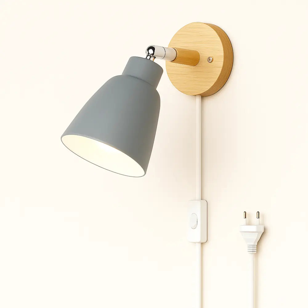 Enjoy soft, minimalist illumination with this gray-shaded wooden wall light and easy in-line switch.