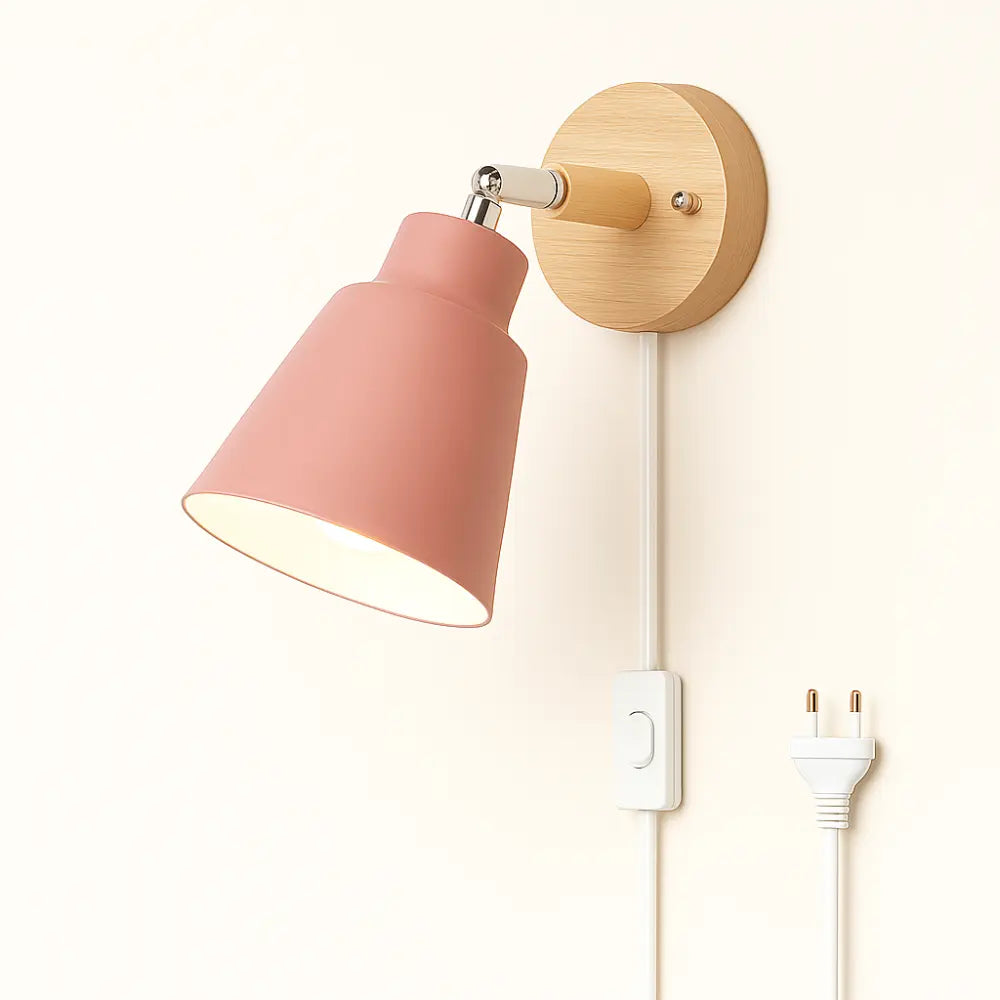 Soft pink light glows warmly from the minimalist wooden wall lamp, illuminating with cozy charm.