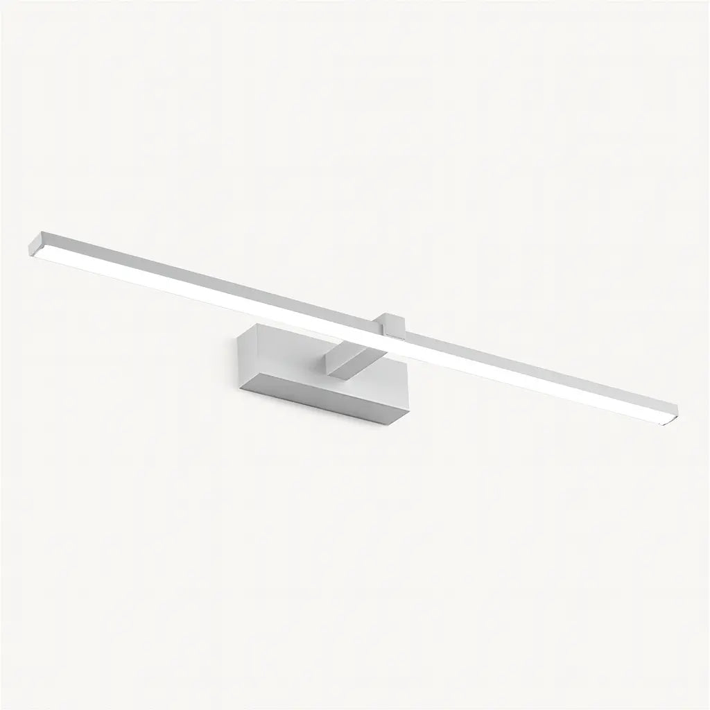 Slim horizontal LED bar on rectangular base, minimalist white finish, modern bathroom wall light.