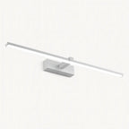 Slim horizontal LED bar on rectangular base, minimalist white finish, modern bathroom wall light.