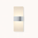 Rectangular LED wall sconce with frosted acrylic shade and central brushed metal band.