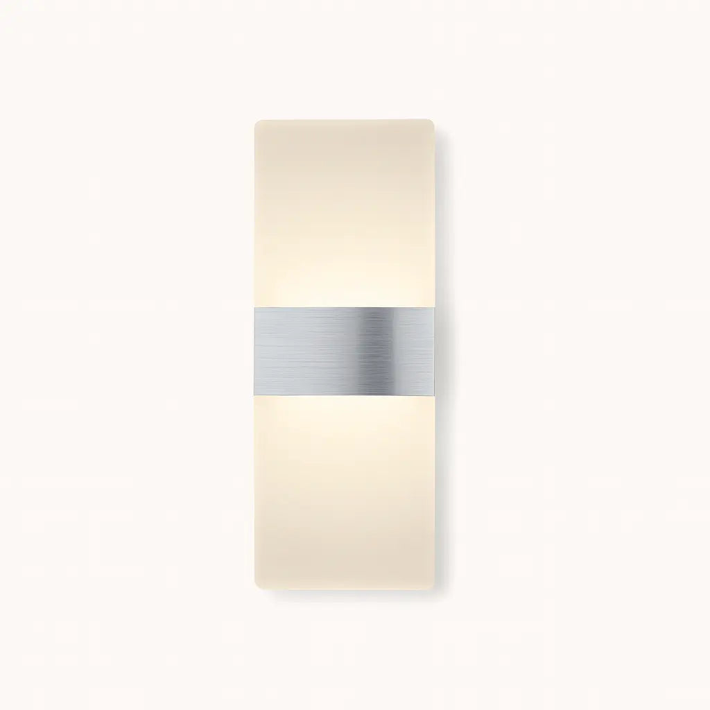 Rectangular LED wall sconce with frosted acrylic shade and central brushed metal band.