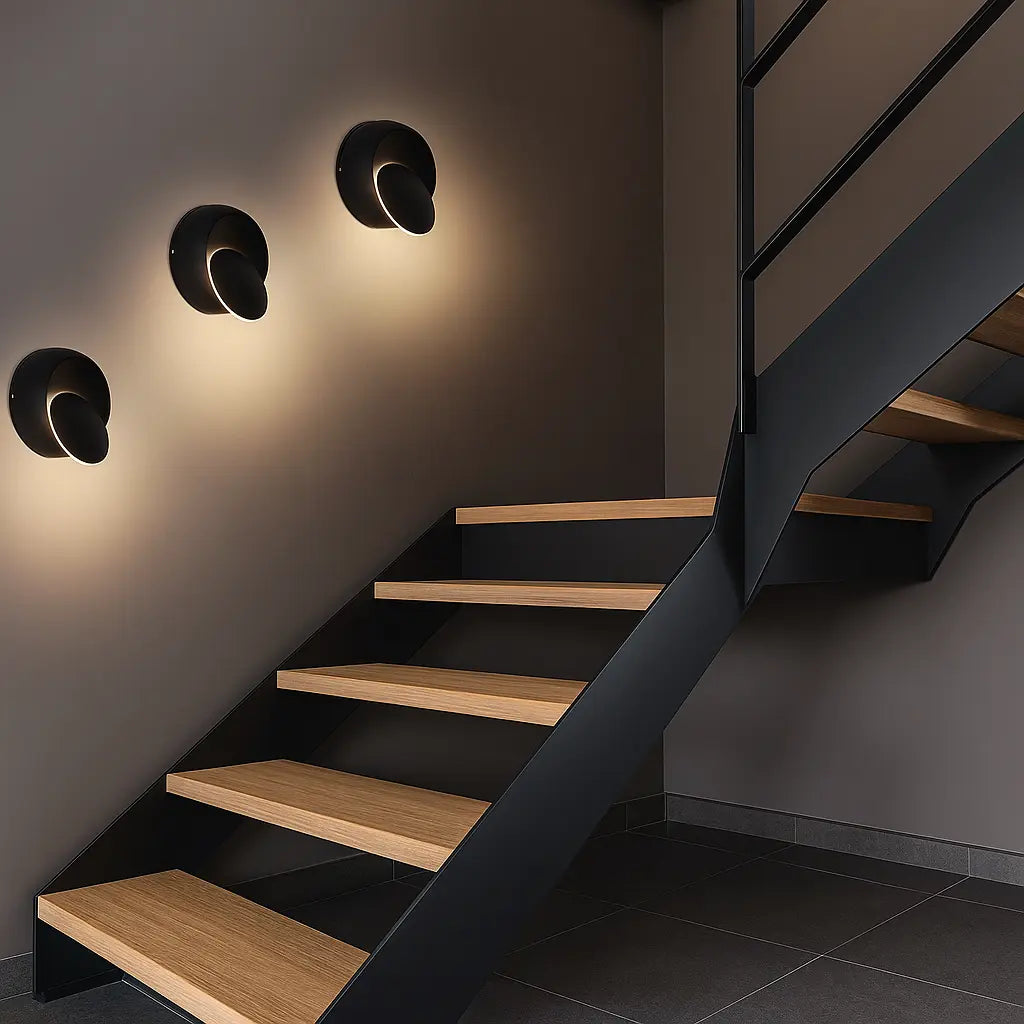 Three modern round LED wall sconces softly cast contemporary light across a gray wall.