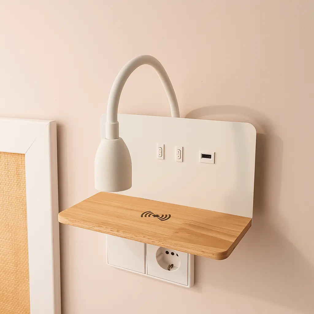 LED wall light and built-in reading lamp provide versatile, minimalist lighting for your space.