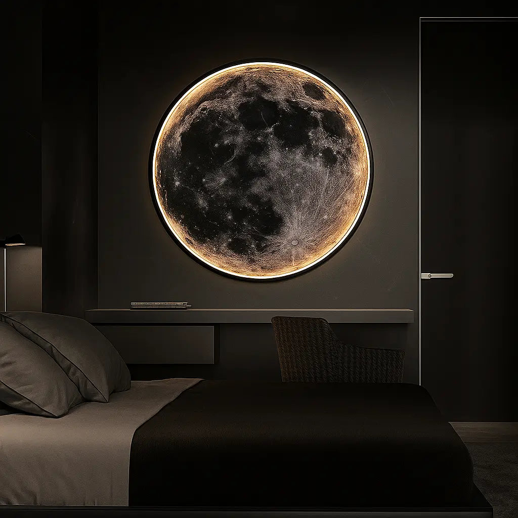 Round LED Moon Wall Light with adjustable intensity mounted on a dark wall, illuminated.