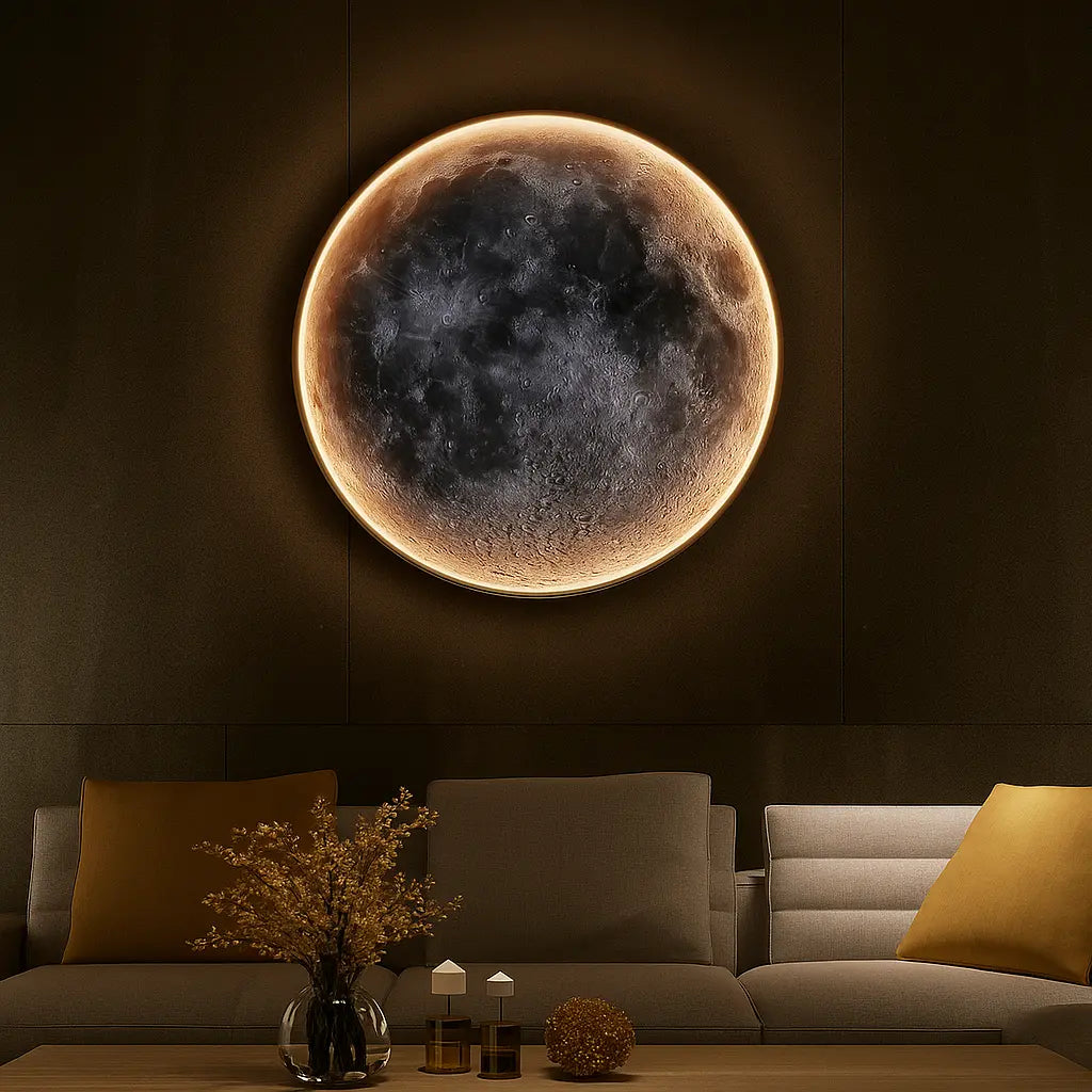 A round LED moon wall light with adjustable intensity, casting a luminous glow.