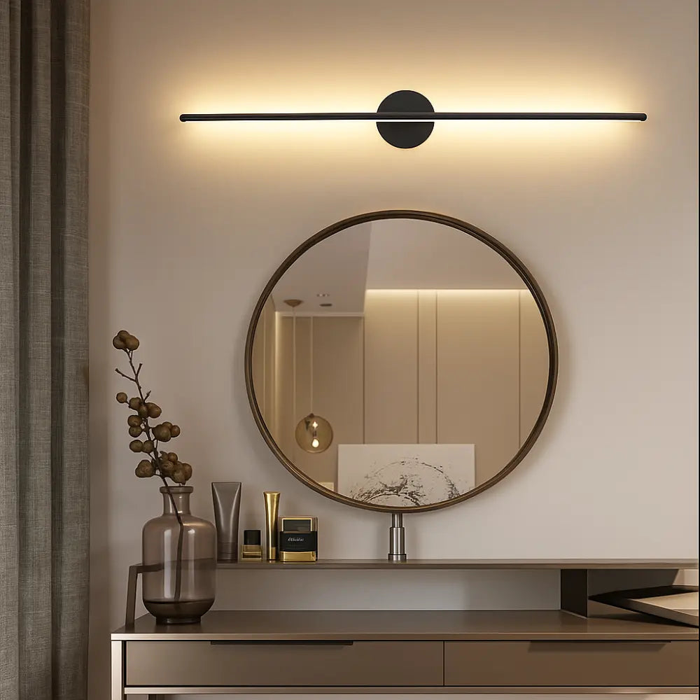 The ORLUNE HOME LED Wall Light casts a beautiful matte black glow above the mirror.