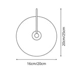 Line drawing of circular wall lamp with vertical handle, labeled sizes, and measurement arrows.