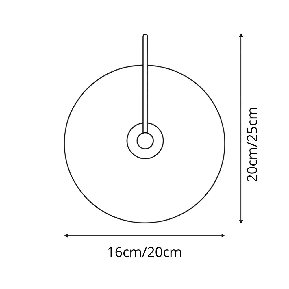 Line drawing of circular wall lamp with vertical handle, labeled sizes, and measurement arrows.