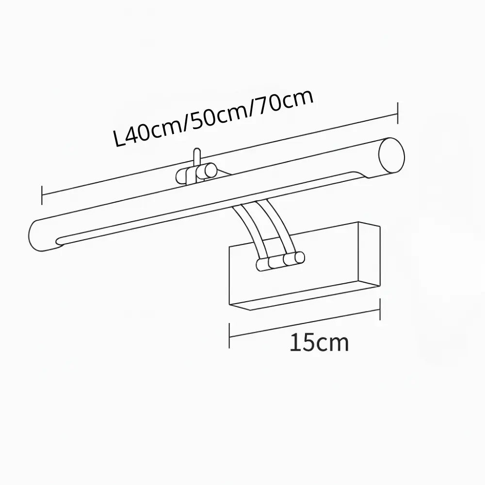 Line drawing of LED wall sconce: 15cm base, cylindrical bar in three labeled lengths.