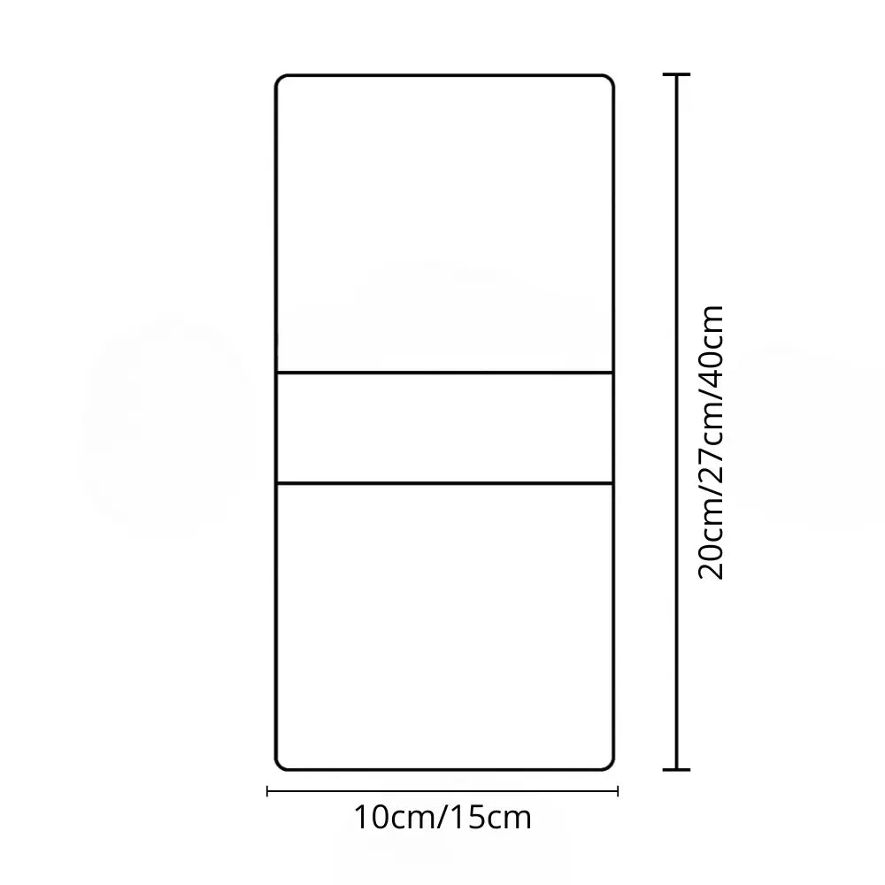 Rectangular brushed metal acrylic wall sconce, horizontally divided, labeled 20–40cm high, 10–15cm wide.