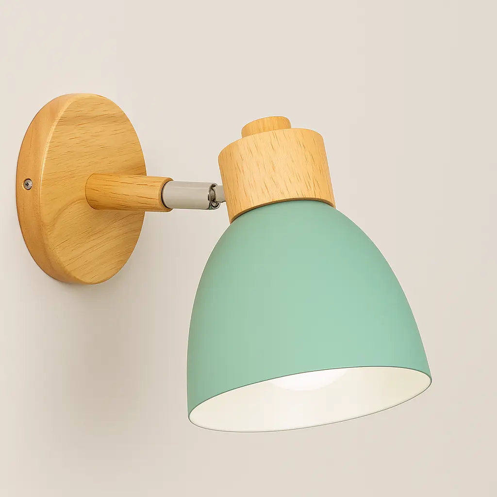 Soft, modern lighting: wooden wall lamp with serene green cone shade brightens any room.
