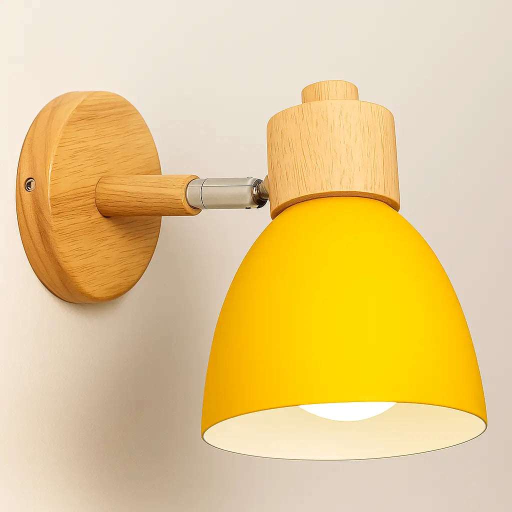 Experience a cozy, warm glow from the bright yellow shade and wooden base wall light.