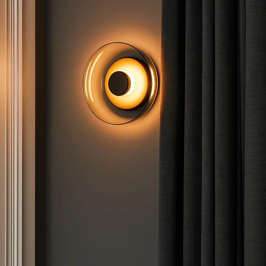 Warm yellow LED rings create a minimalist lighting statement with a sleek, modern glow.