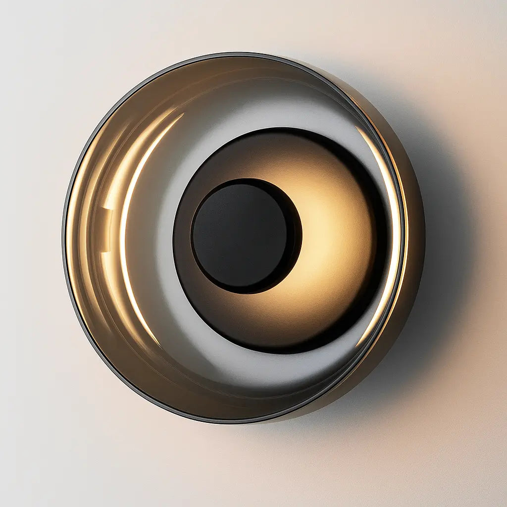 Soft, warm LED glow with a modern metallic finish and stylish circular design.