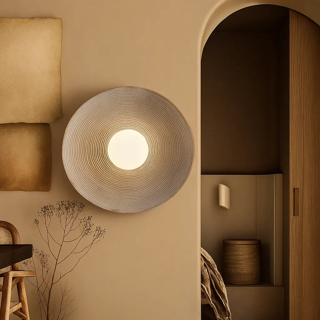 Wavy Resin LED Wall Light in Wabi-Sabi style glows warmly on a neutral wall.