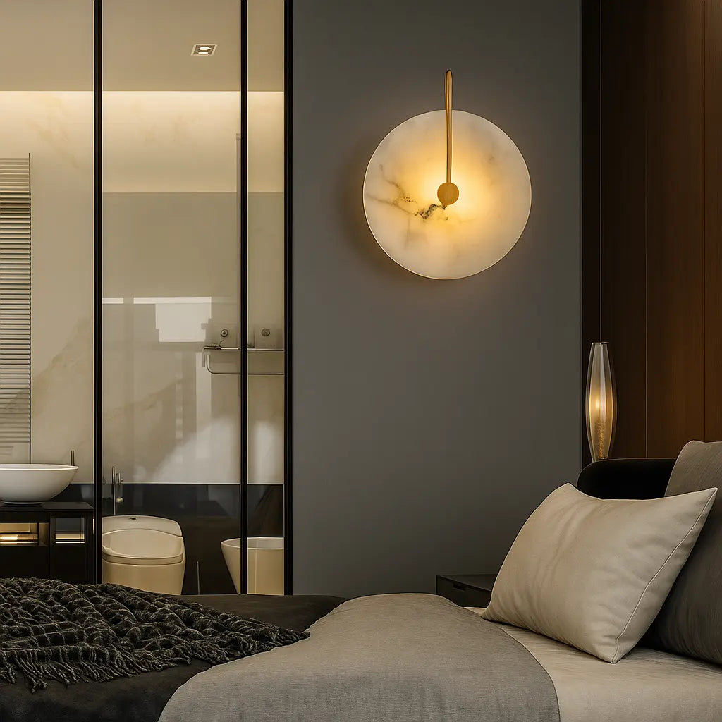 A circular LED wall lamp with a minimalist design, emitting soft, elegant light.