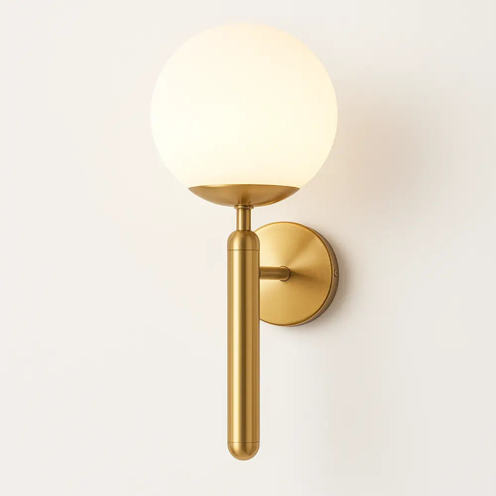Modern Gold Metal Glass Globe Wall Light brightens spaces with elegant, soft opal glow.