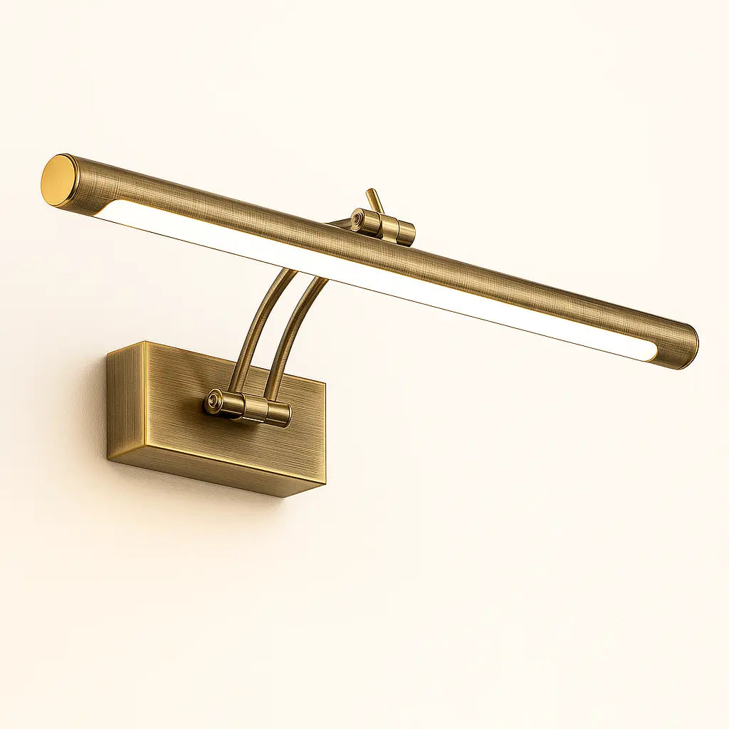 Sleek brass cylindrical LED wall sconce with rectangular base and elegant, minimal design.